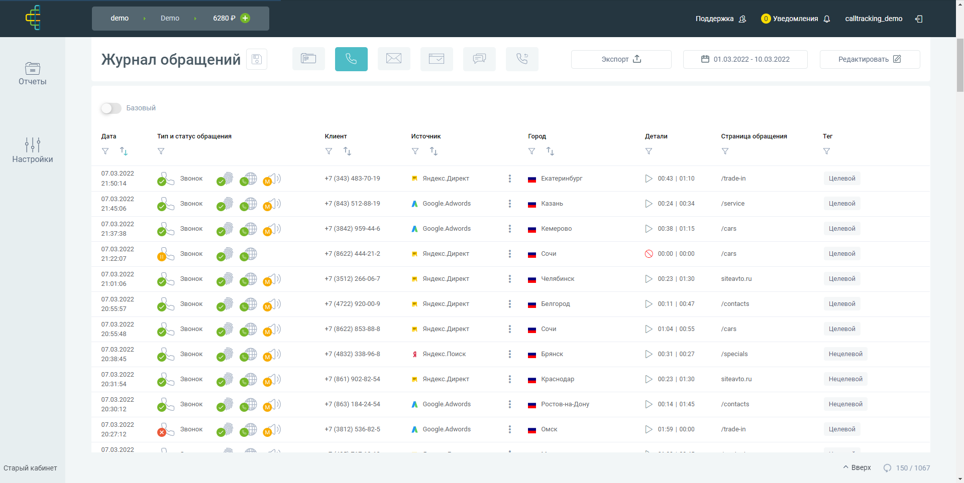 calltracking.ru журнал обращений