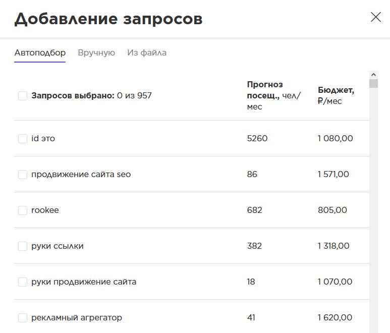 Rookee Добавление запросов - автоподбор